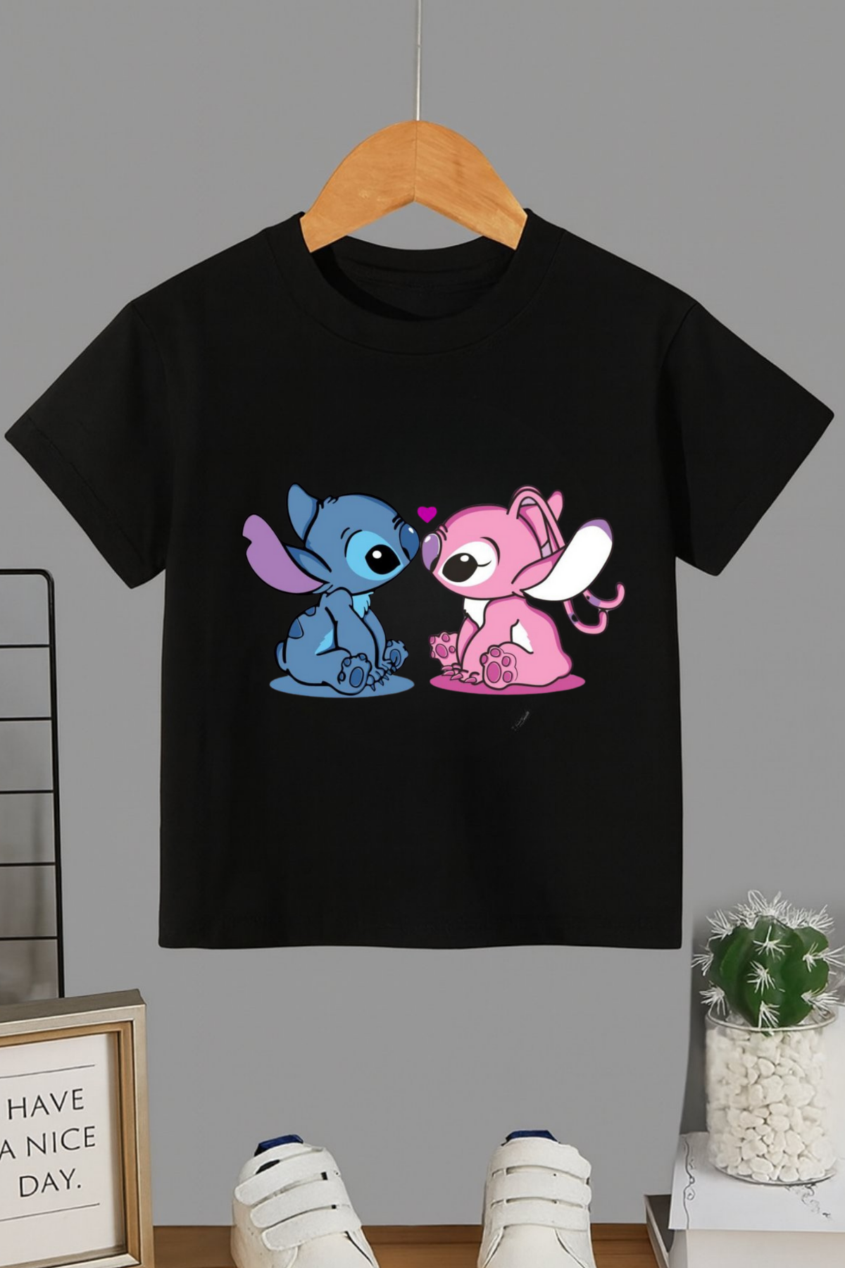 Stitch Love Baskılı Siyah T-shirt Tişört 