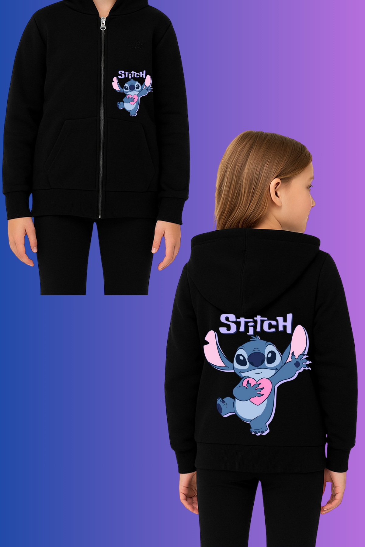Stitch Yazı Baskılı Siyah Fermuarlı Hırka Sweatshirt 