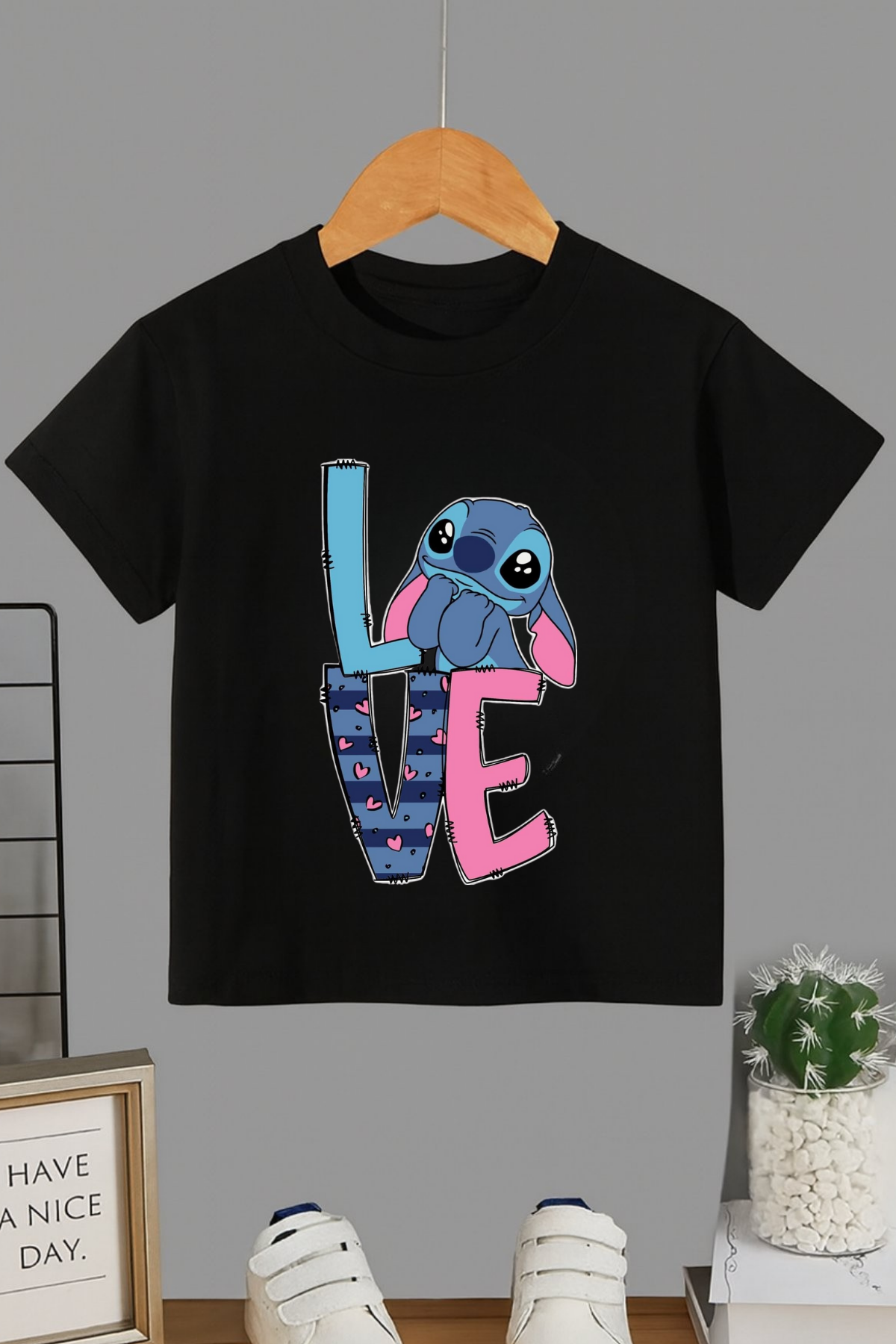 Stitch Yeni Love Baskılı Siyah T-shirt Tişört 