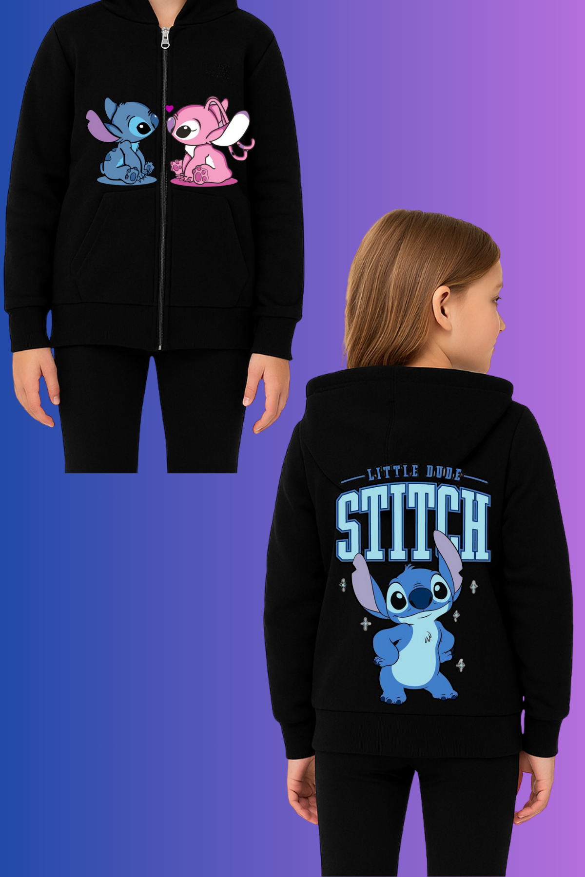 Stitch Yeni Yazı Baskılı Siyah Fermuarlı Hırka Sweatshirt 