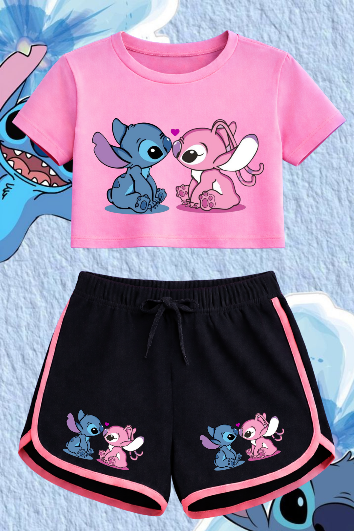 Sttich 2 Baskılı Pembe Crop Siyah Şort Takım