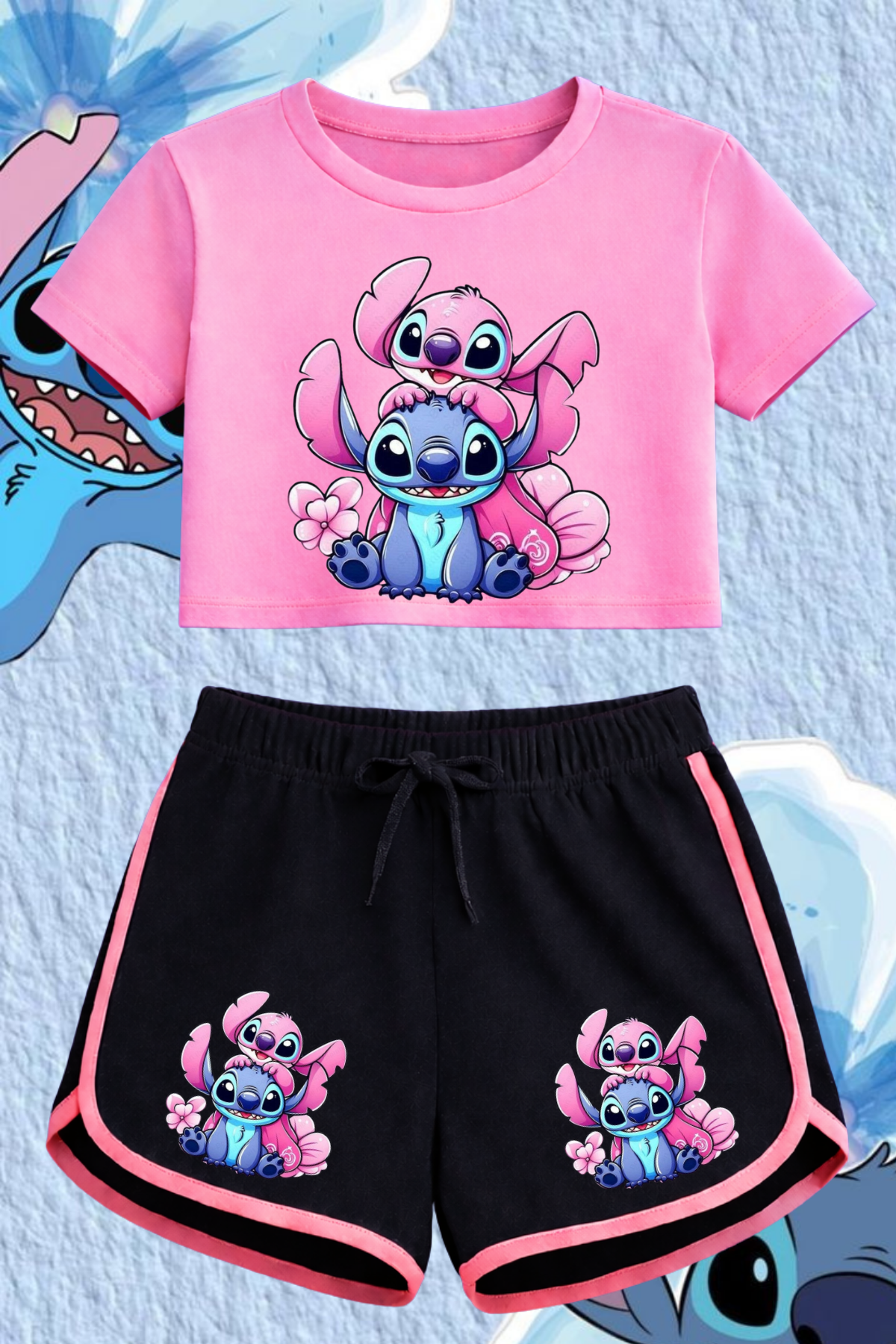 Sttich 4 Baskılı Pembe Crop Siyah Şort Takım