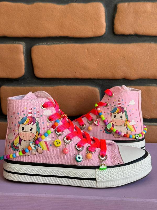 Unicorn Büyük Baskılı Pembe Renk Bilekli Boncuk Ve Halhal Süslemeli Spor Ayakkabı Sneaker