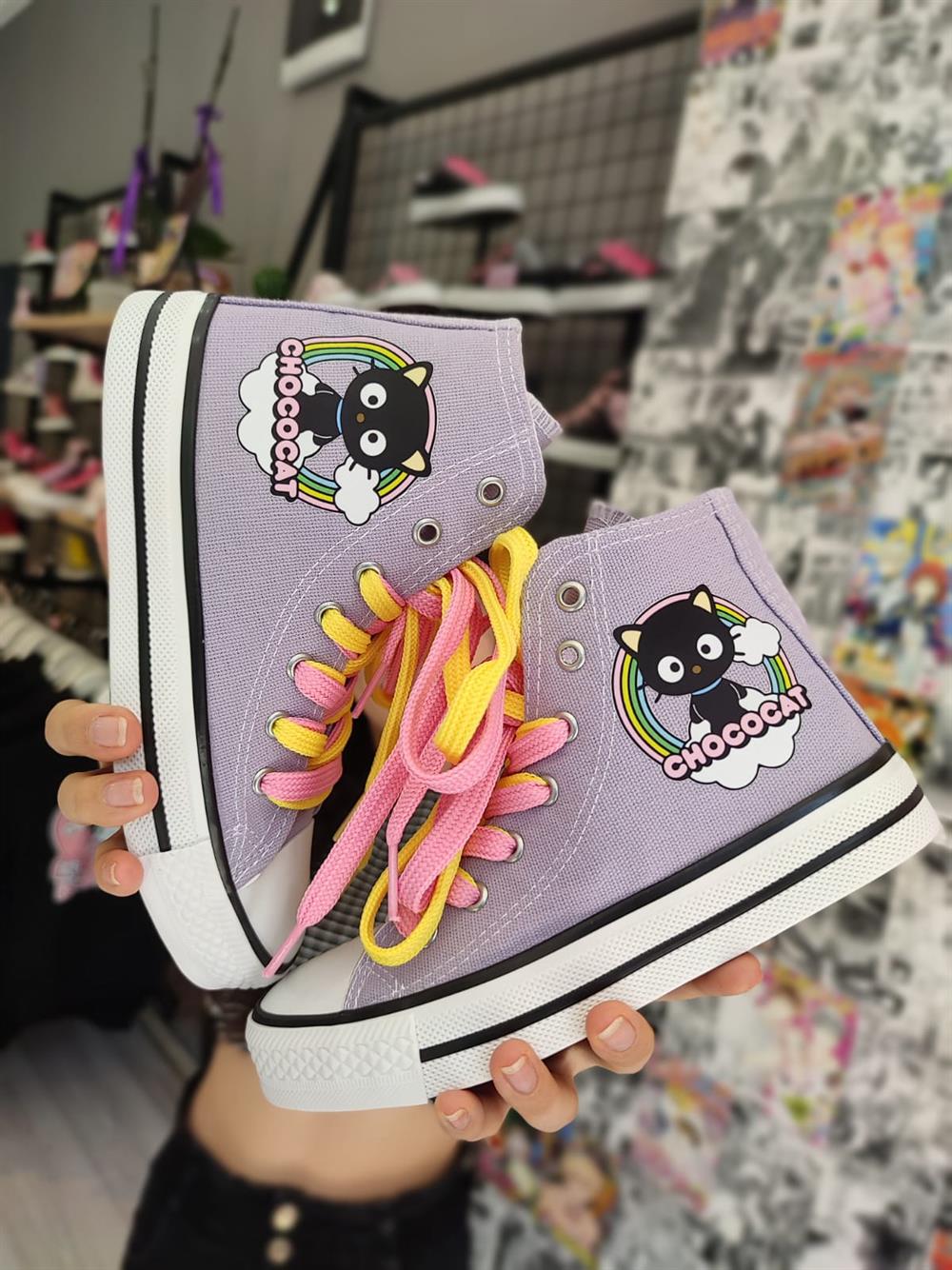 Unisex Günlük Keten Bilekli Uzun Hellokitty Chococat Baskılı Beyaz Sneaker Spor Ayakkabı