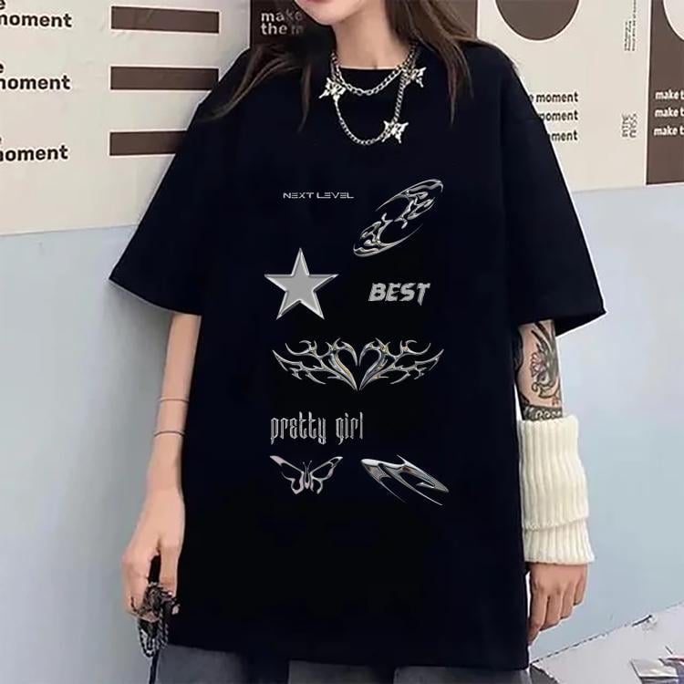 y2K Full Style Baskılı Siyah Tshirt Tişört