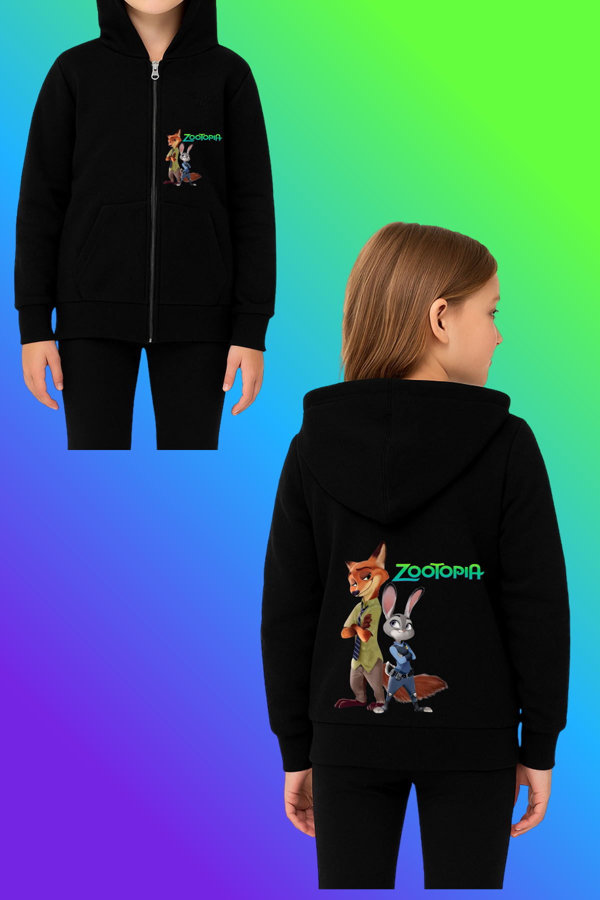 Zootopia Tilki&Tavşan Baskılı Siyah Fermuarlı Hırka Sweatshirt 