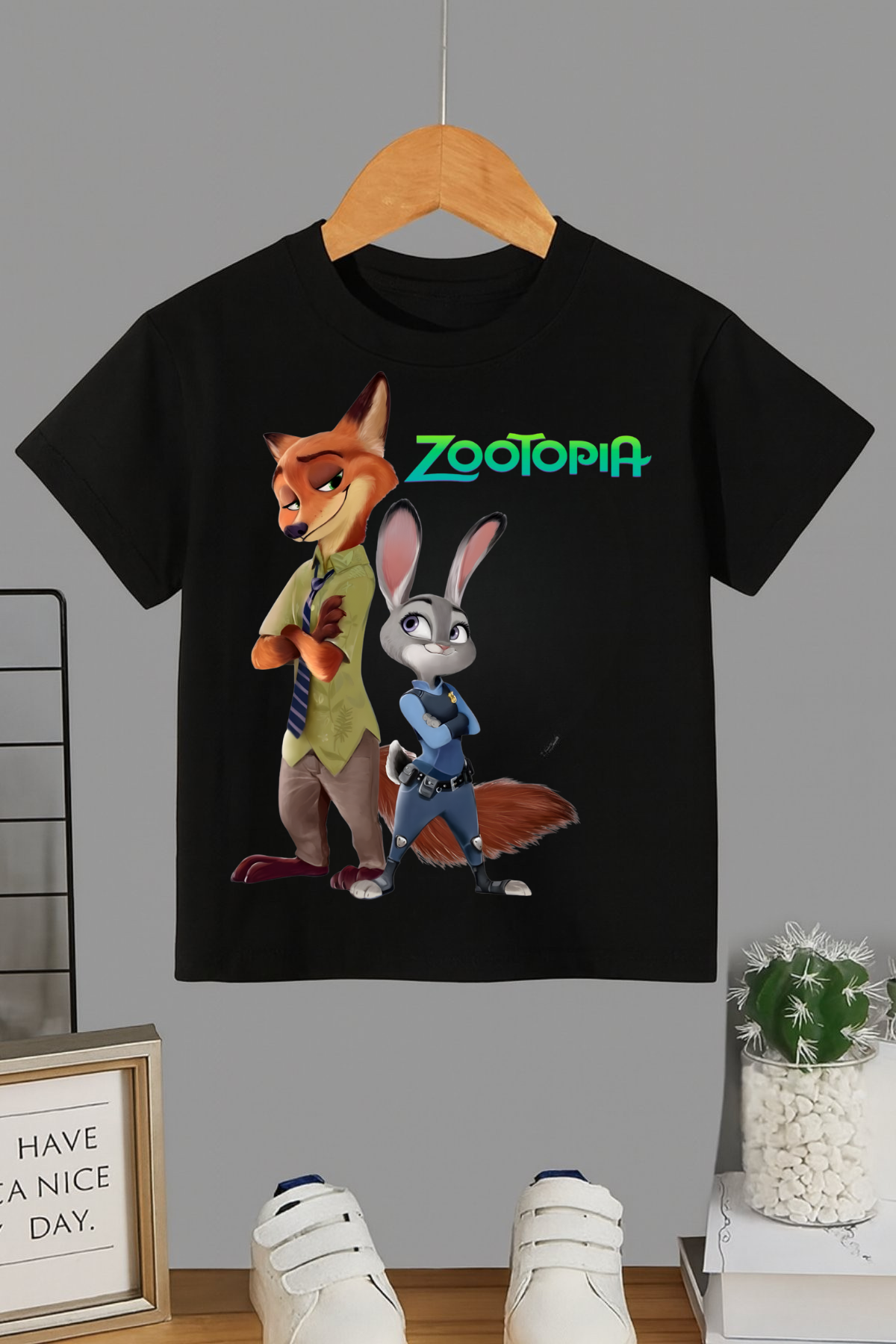Zootopia Tilki&Tavşan Baskılı Siyah T-shirt Tişört 