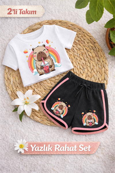 Capybara 2 Baskılı Beyaz Crop Siyah Şort Takım
