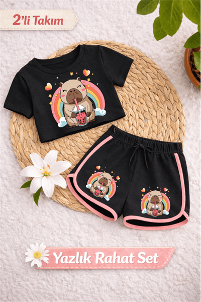 Capybara 2 Baskılı Siyah Crop Siyah Şort Takım