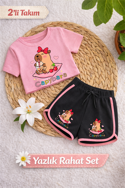 Capybara 3 Baskılı Pembe Crop Siyah Şort Takım