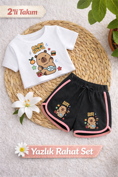 Capybara Baskılı Beyaz Crop Siyah Şort Takım