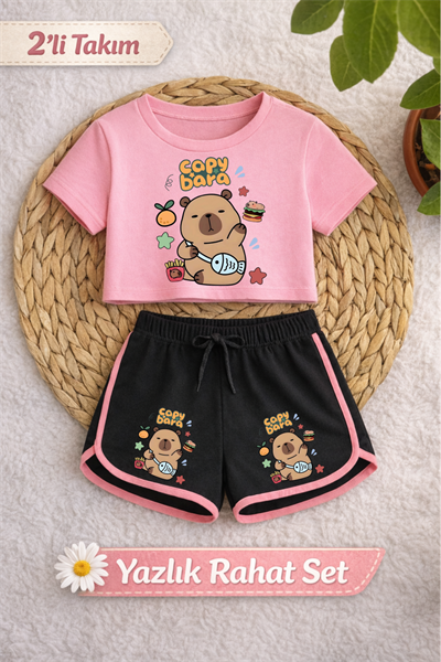 Capybara Baskılı Pembe Crop Siyah Şort Takım