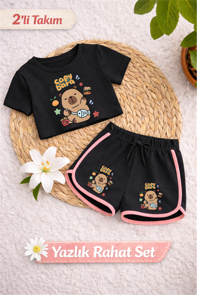 Capybara Baskılı Siyah Crop Siyah Şort Takım