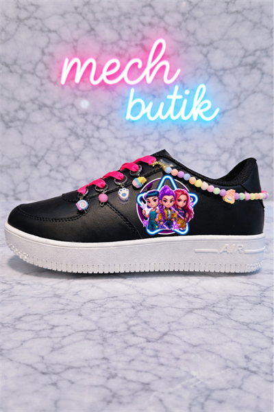 Demon Hunters Huntrix Yuvarlak Baskılı Siyah Boncuk Ve Halhallı Spor Ayakkabı Sneaker 