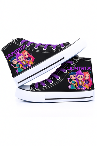 Huntrix Çizim Baskılı Siyah Unisex Kadın/Erkek Bilekli Keten Ayakkabı Sneaker