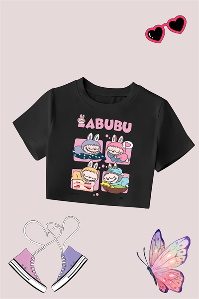 Labubu 4 Lü Baskılı Siyah Crop Dar Kalıp Crop Top