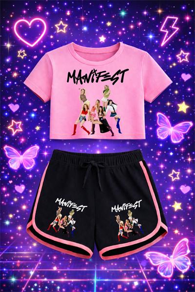 Manifest 1 Baskılı Pembe Crop Siyah Şort Takım