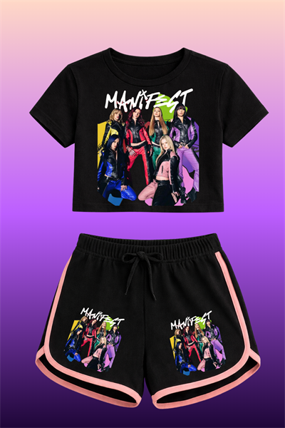 Manifest 2 Baskılı Siyah Crop Siyah Şort Takım