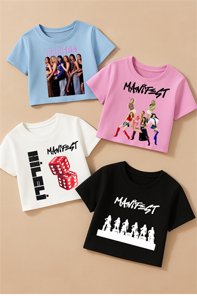 Manifest Baskılı Pamuklu 4 Adet Crop-Top Set 4lü Crop-Tişört