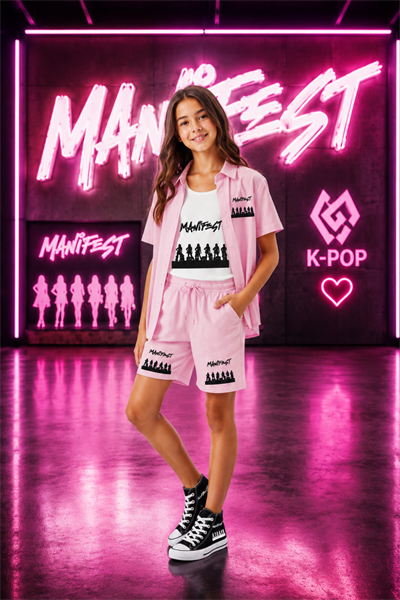 Manifest Gölge Baskılı Pembe Keten Takım ŞORT+PENYE ATLET BODY+GÖMLEK TAKIM 