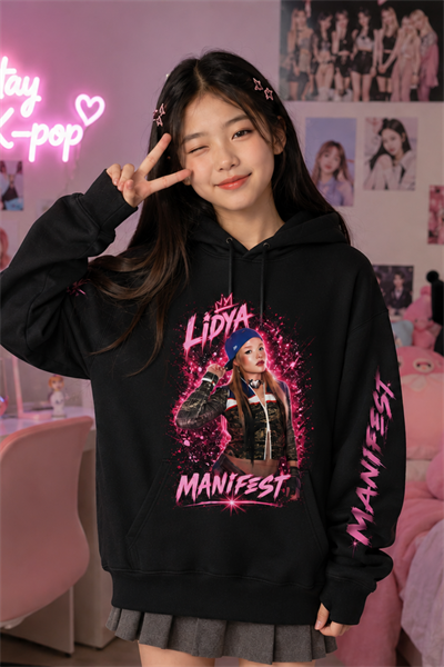 Manifest Lidya Baskılı Siyah 3 İplik Şardonsuz Sweatshirt