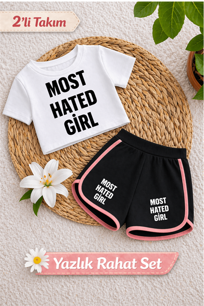 Most Hated Girl Basklı Beyaz Crop-Siyah Şort Takım 