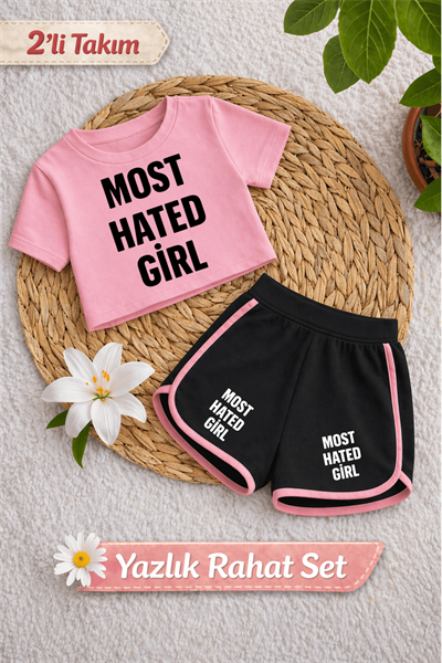 Most Hated Girl Basklı Pembe Crop-Siyah Şort Takım 