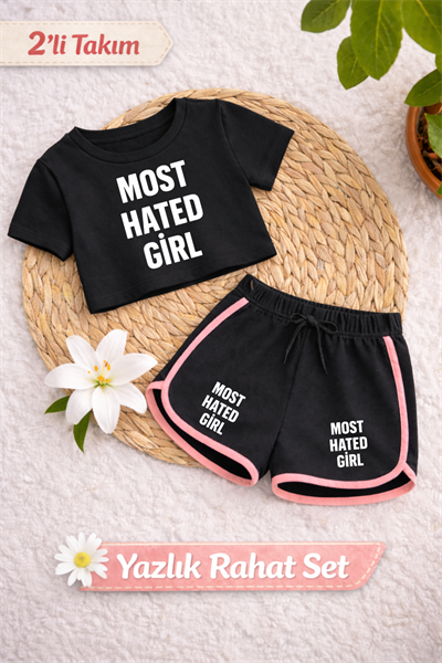 Most Hated Girl Basklı Siyah Crop-Siyah Şort Takım 