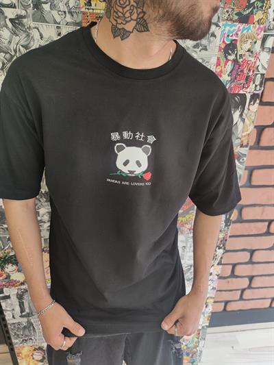 Panda Baskılı Siyah Oversize Tshirt tişort