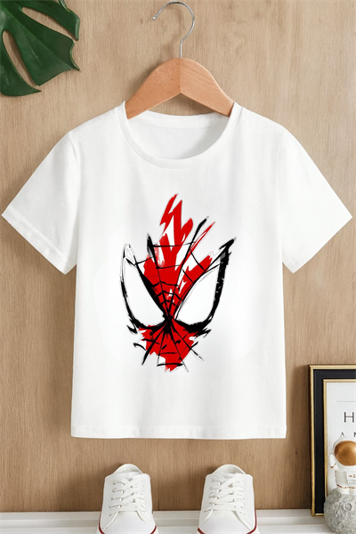 Spiderman Maske Baskılı Beyaz T-shirt Tişört 