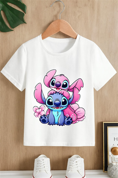Stitch 2li Baskılı Beyaz T-shirt Tişört 
