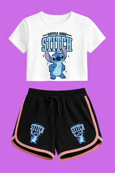 Stitch 9 Baskılı Beyaz Crop Siyah Şort Takım