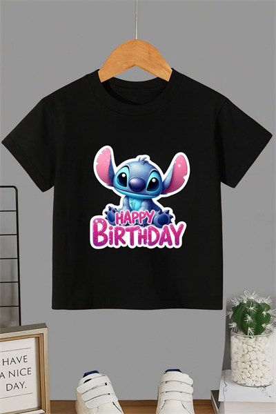 Stitch Happy Birtday Baskılı Siyah T-shirt Tişört 