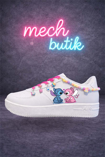 Stitch Love Baskılı Beyaz Boncuk Ve Halhallı Spor Ayakkabı Sneaker 
