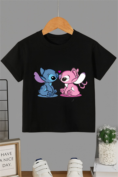 Stitch Love Baskılı Siyah T-shirt Tişört 