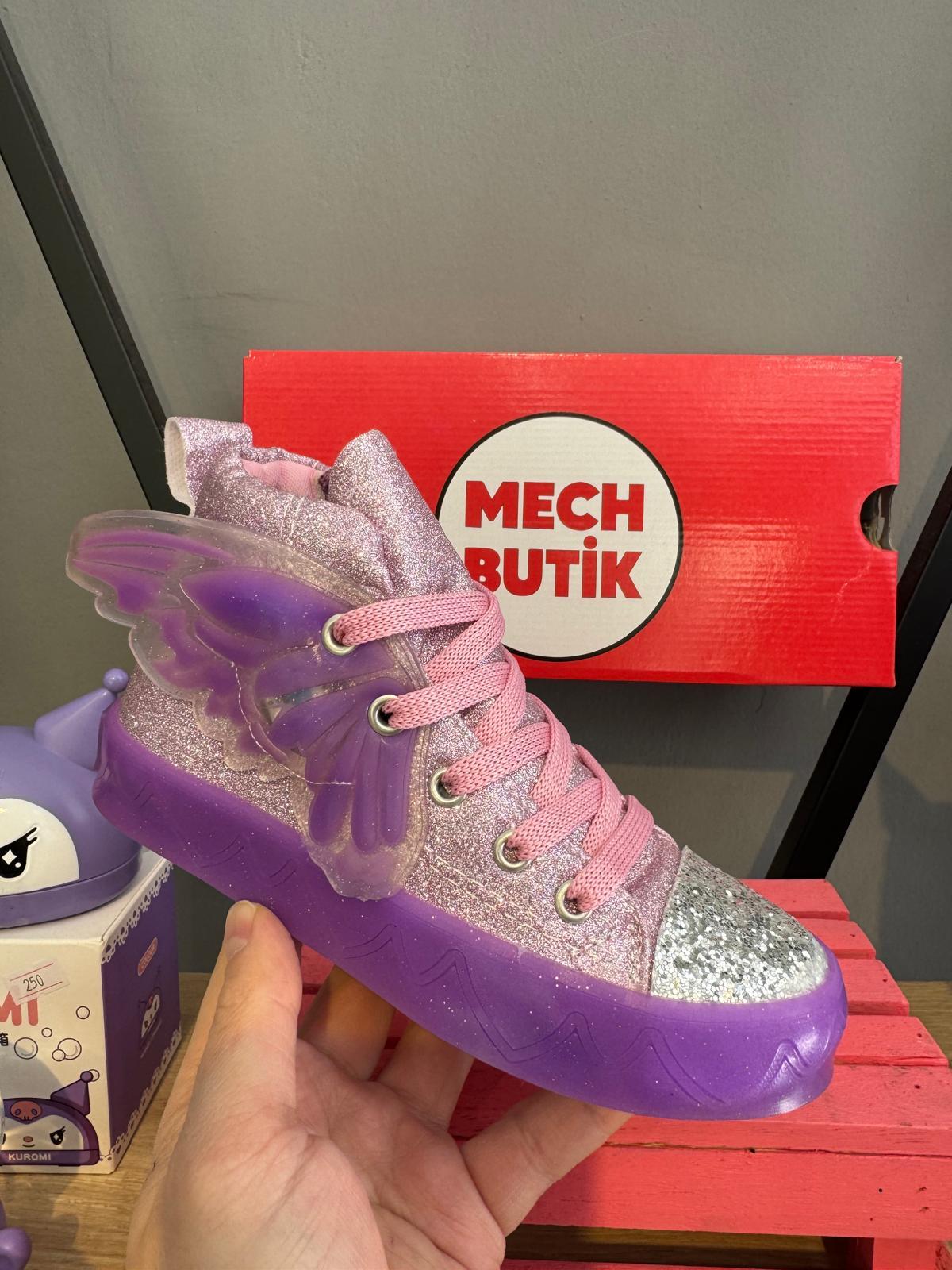  Kelebek Kanat Lila Renk Işıklı Süslemeli Simli Deri Fermuarlı Kaydızmaz Taban Bilekli Spor Ayakkabı Sneaker