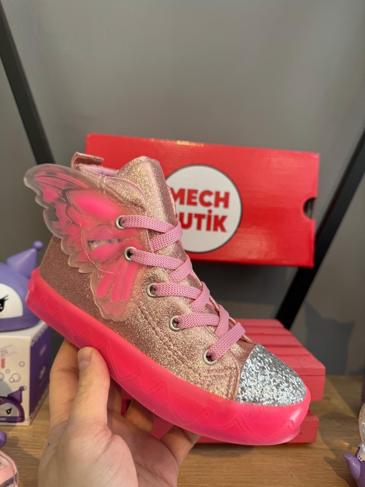  Kelebek Kanat Pembe Renk Işıklı Süslemeli Simli Deri Fermuarlı Kaydızmaz Taban Bilekli Spor Ayakkabı Sneaker