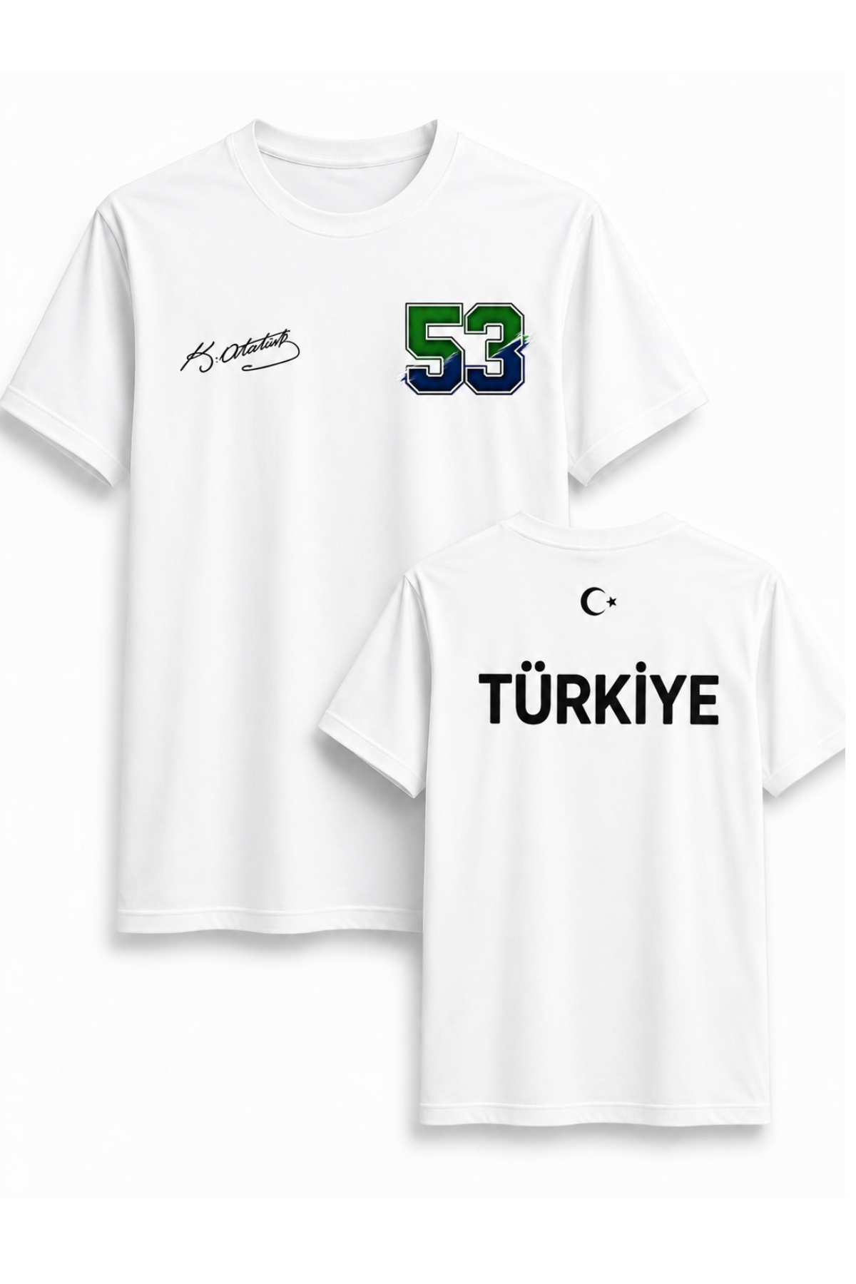 Atatürk İmzalı Türki Milli Takım Ve 53 Numara Baskılı Beyaz Tişört Unisex Tshirt