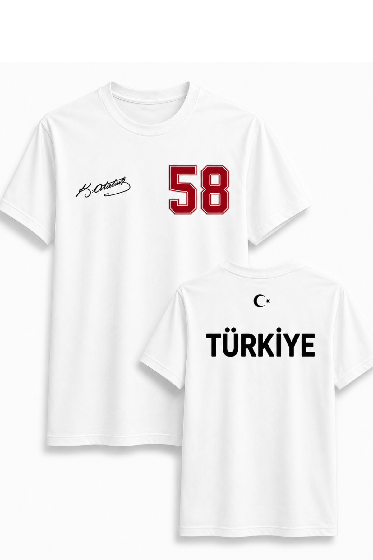 Atatürk İmzalı Türkiye Milli Takım Ve 58 Numara Baskılı Beyaz  Tişört Unisex Tshirt