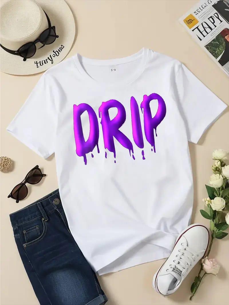 BabyMonster Drip Mor Yazı Baskılı Beyaz Tam Kalıp Tişört T-shirt