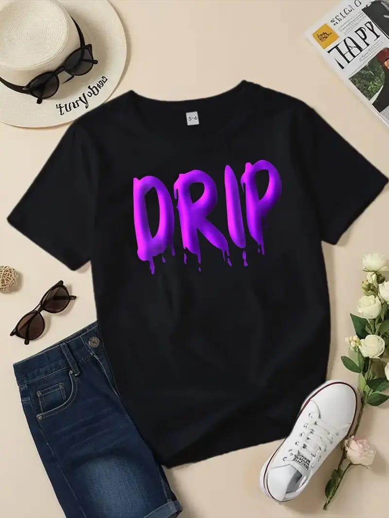 BabyMonster Drip Mor Yazı Baskılı Siyah Tam Kalıp Tişört T-shirt