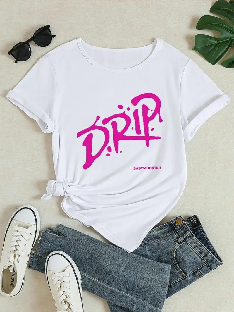 BabyMonster Drip Pembe Yazı Baskılı Beyaz Tam Kalıp Tişört T-shirt