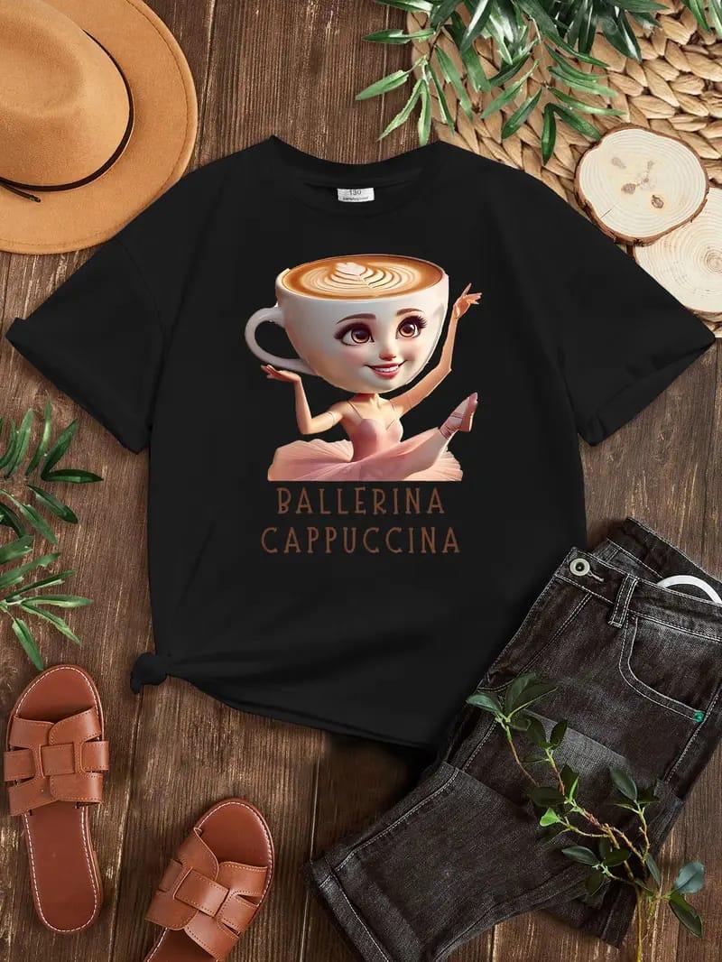 Ballerina Cappuccına Baskılı Siyah Tişört T-shirt 