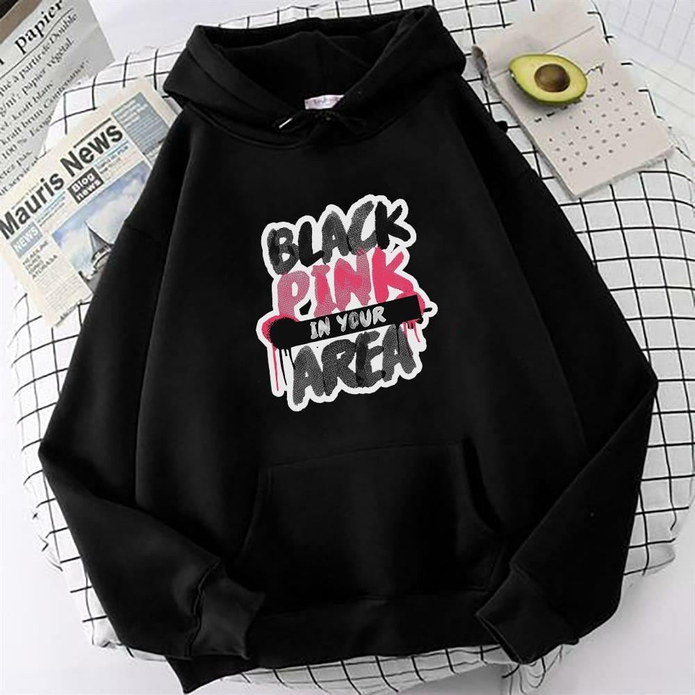Blackpink Area Baskılı Siyah Oversize Sweatshirt Kapüşonlu Hoodie