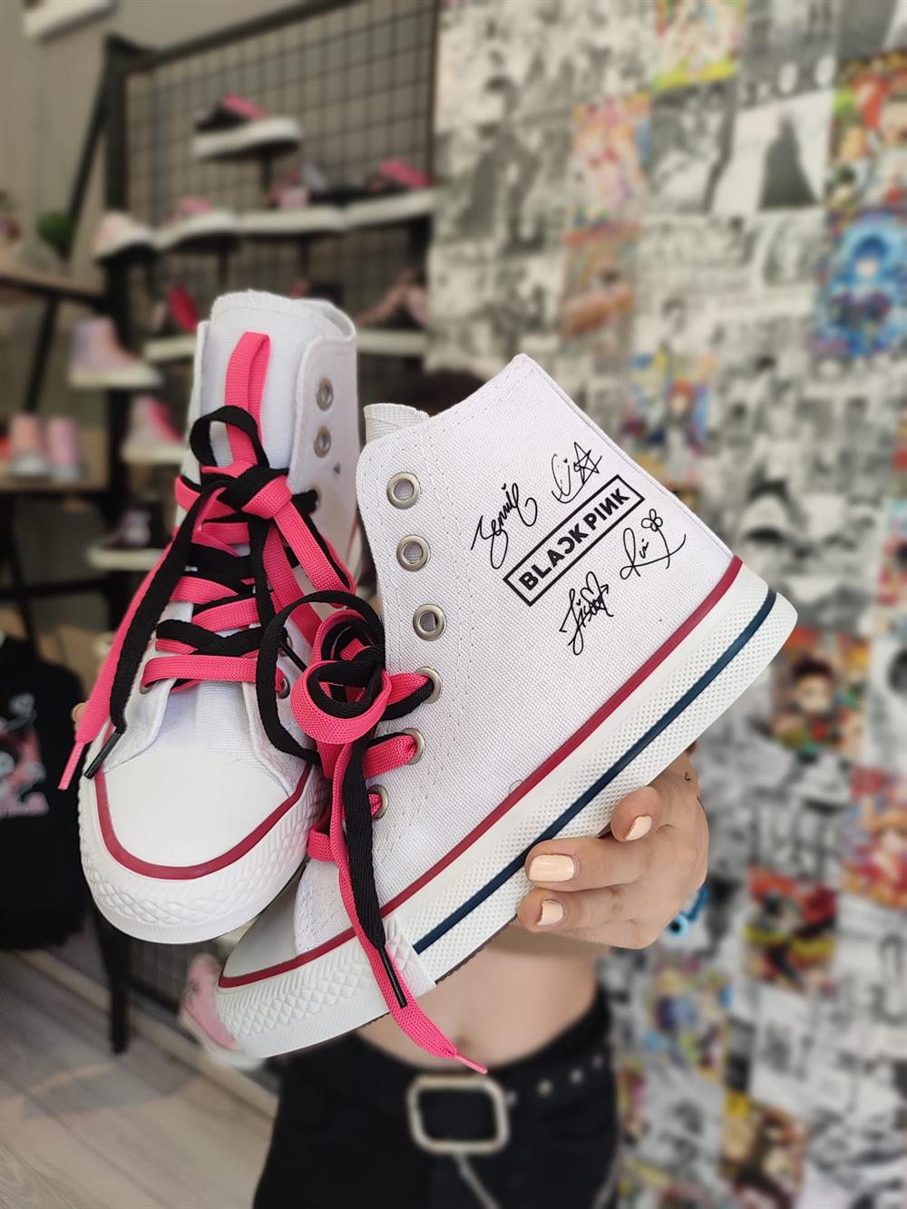 BlackPink Baskılı Beyaz Bağcıklı Bilekli Spor Ayakkabı Sneaker