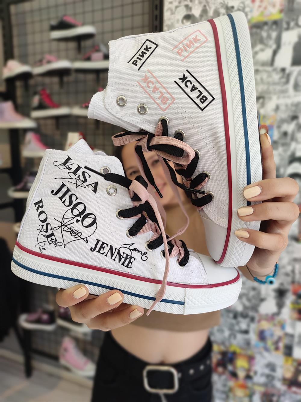 BlackPink Baskılı Beyaz Grup Üyeleri Bağcıklı Bilekli Spor Ayakkabı Sneaker