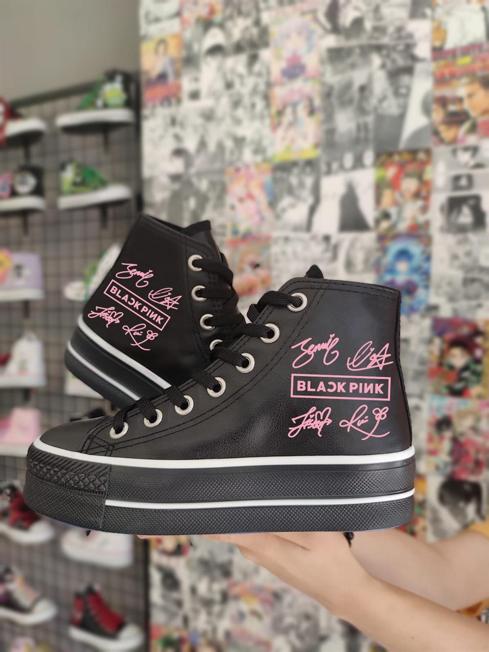 Blackpink Baskılı Deri Yüksek Şeffaf Taban Bilekli Spor Ayakkabı Sneaker