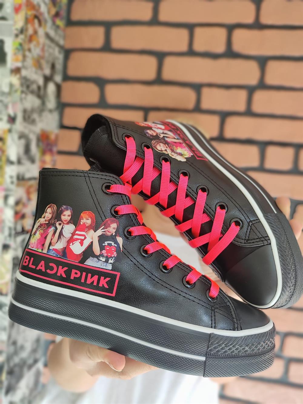 Blackpink Fotoğraf Baskılı  Deri Yüksek Şeffaf Taban Bilekli Spor Ayakkabı Sneaker