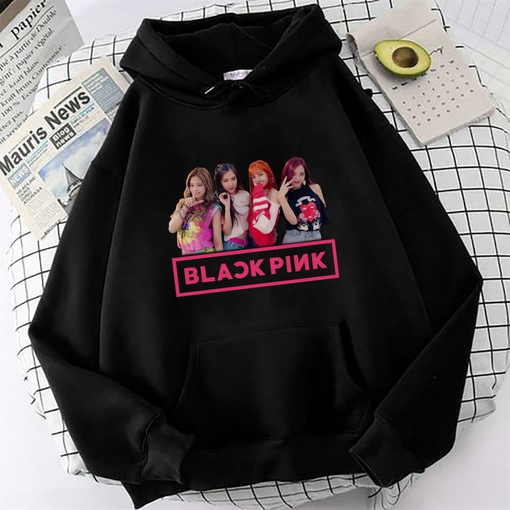 Blackpink Fotoğraf Baskılı Siyah Oversize Sweatshirt Kapüşonlu Hoodie