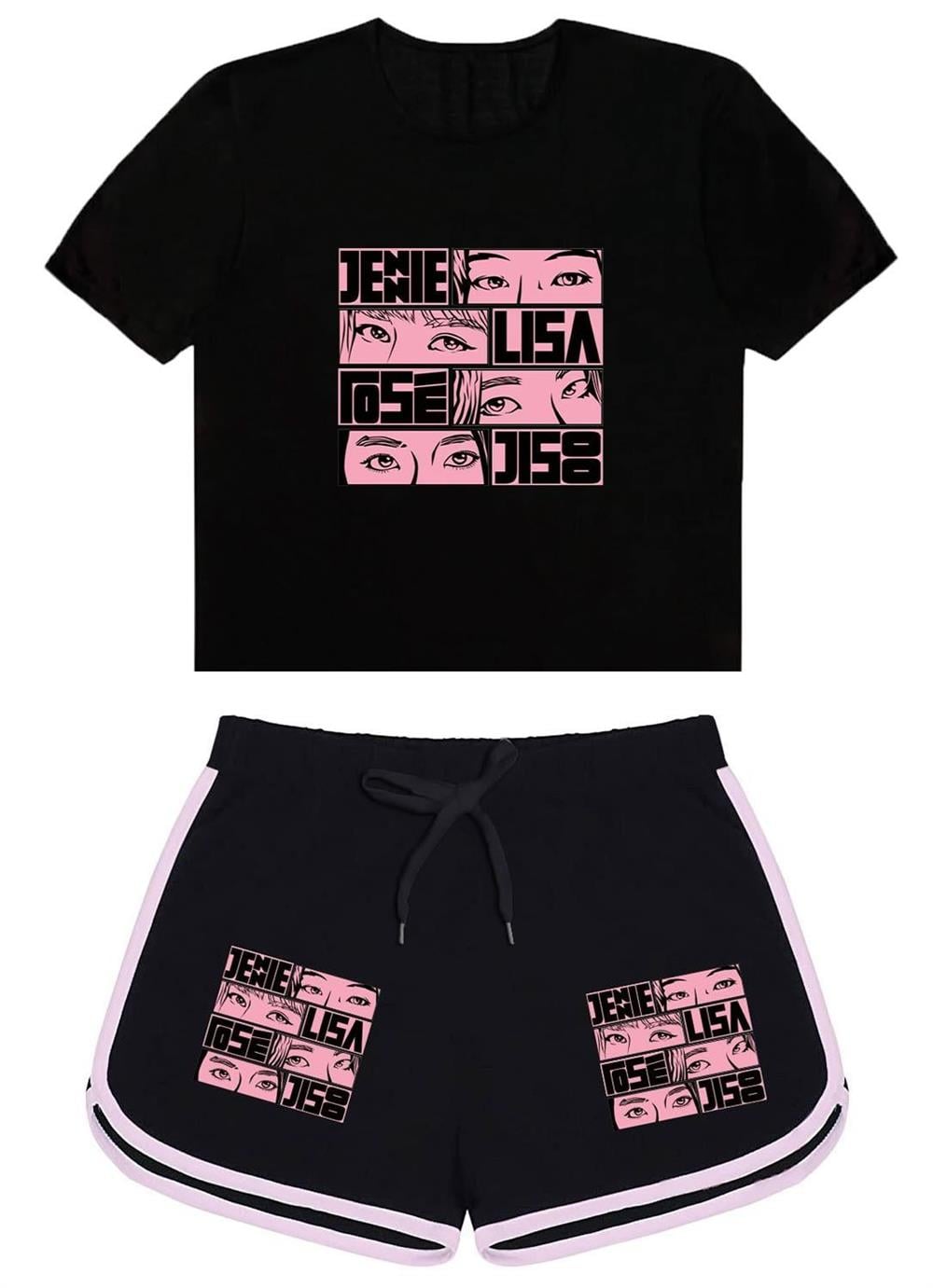 Blackpink göz Baskılı Siyah Tshirt Ve Blackpink göz  Baskılı Siyah Şort Kombin